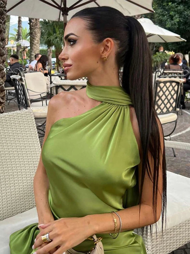 Robe Longue Élégante Femme – Unie avec Nœud, Dos Nu, Sans Manches, Épaules Dénudées – Style Halter, Coupe Cintrée – Nouvelle Collection Été 2025