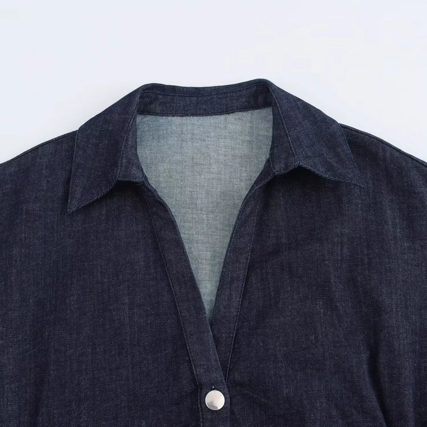 Robe Midi en Jean – Collection Printemps 1975 par ETJ 2025 – Col à Revers, Fermeture Éclair Latérale, Taille Froncée, Coupe Évasée Élégante
