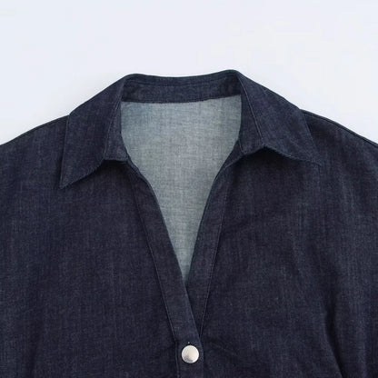 Robe Midi en Jean – Collection Printemps 1975 par ETJ 2025 – Col à Revers, Fermeture Éclair Latérale, Taille Froncée, Coupe Évasée Élégante