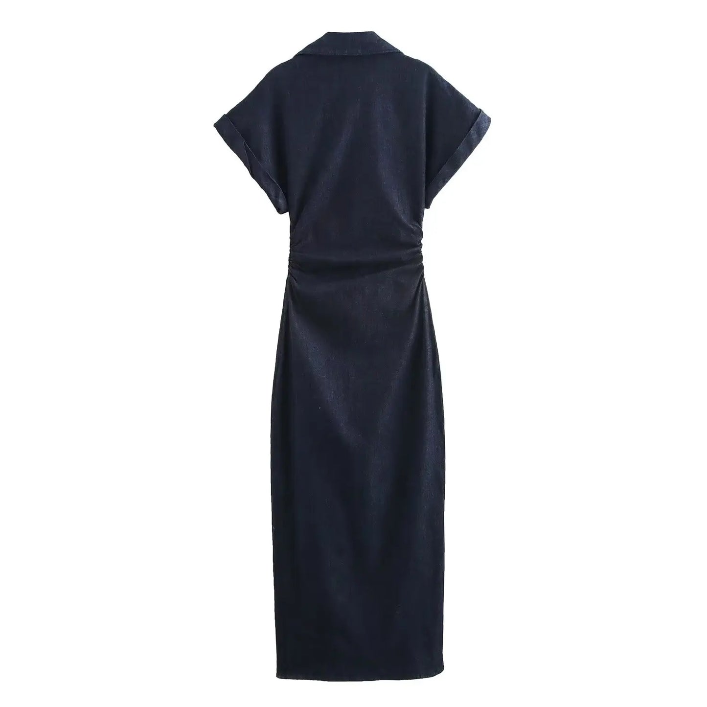 Robe Midi en Jean – Collection Printemps 1975 par ETJ 2025 – Col à Revers, Fermeture Éclair Latérale, Taille Froncée, Coupe Évasée Élégante