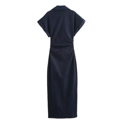 Robe Midi en Jean – Collection Printemps 1975 par ETJ 2025 – Col à Revers, Fermeture Éclair Latérale, Taille Froncée, Coupe Évasée Élégante