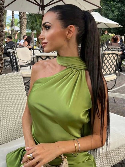Robe Longue Élégante Femme – Unie avec Nœud, Dos Nu, Sans Manches, Épaules Dénudées – Style Halter, Coupe Cintrée – Nouvelle Collection Été 2025