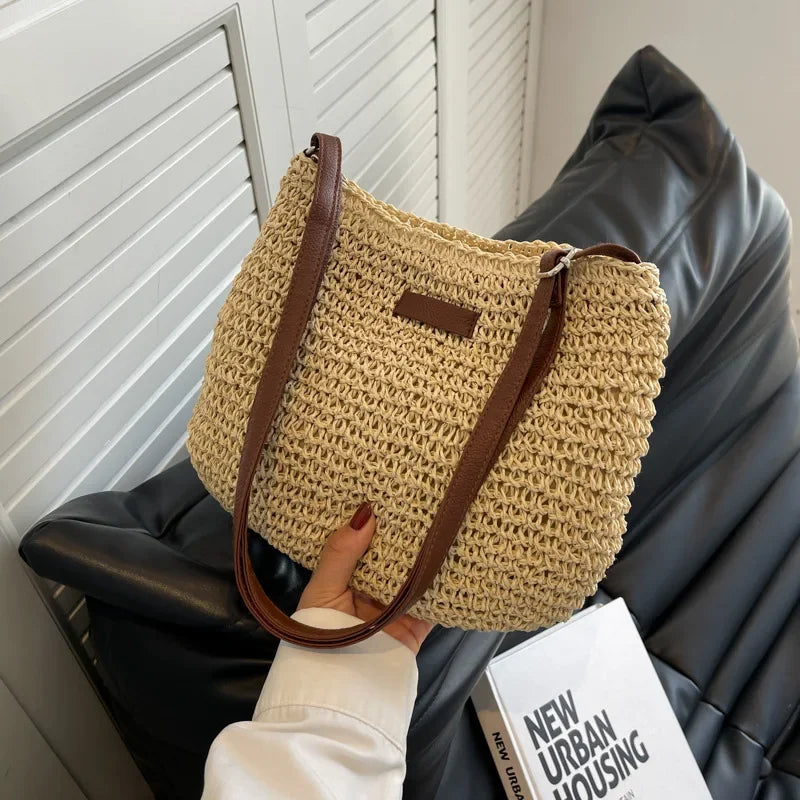 Sac de Plage Bohème en Paille pour Femme – Fait Main, Grande Capacité, Style Décontracté
