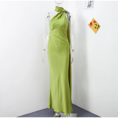 Robe Longue Élégante Femme – Unie avec Nœud, Dos Nu, Sans Manches, Épaules Dénudées – Style Halter, Coupe Cintrée – Nouvelle Collection Été 2025