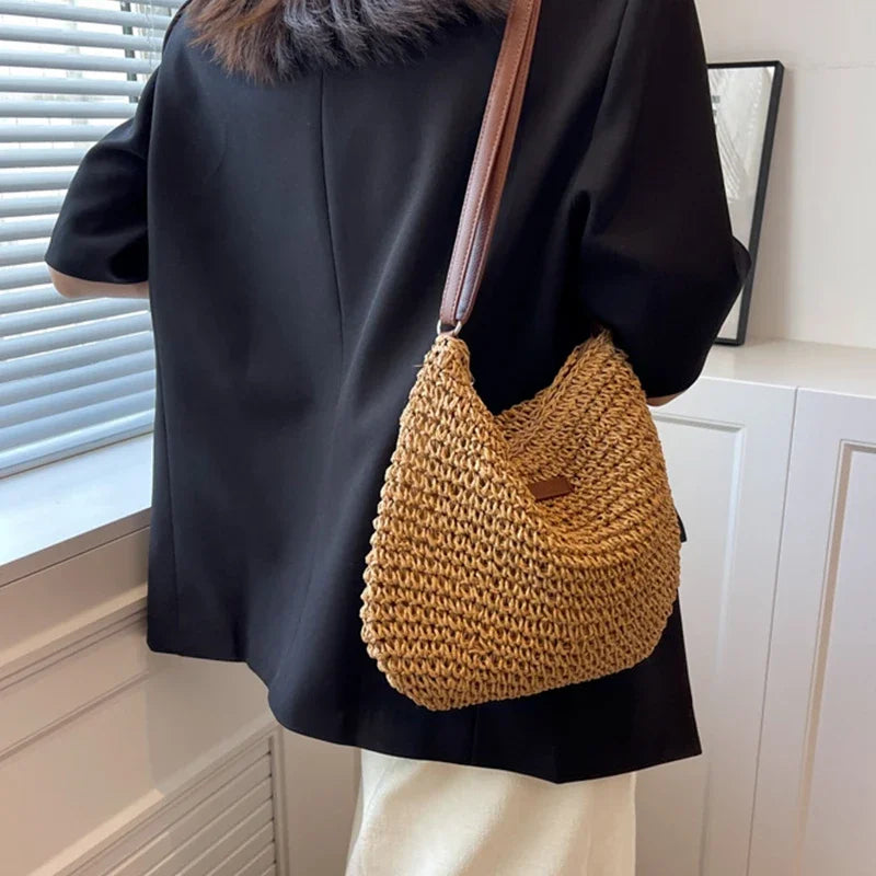 Sac de Plage Bohème en Paille pour Femme – Fait Main, Grande Capacité, Style Décontracté