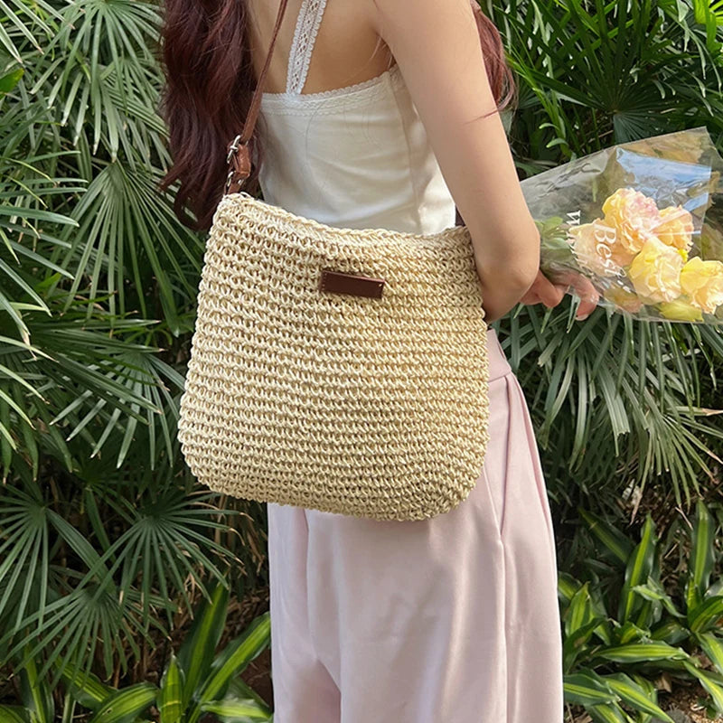 Sac de Plage Bohème en Paille pour Femme – Fait Main, Grande Capacité, Style Décontracté