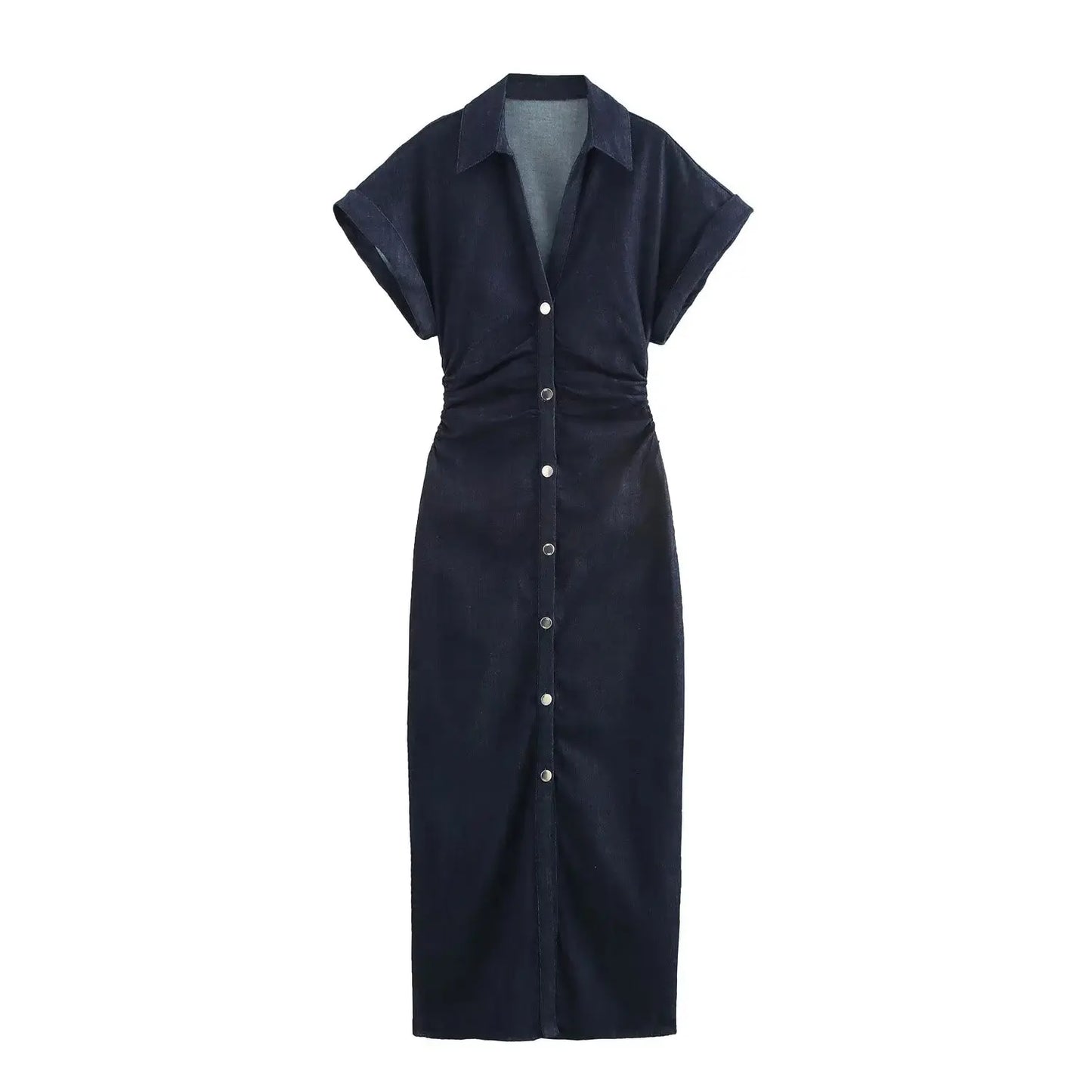 Robe Midi en Jean – Collection Printemps 1975 par ETJ 2025 – Col à Revers, Fermeture Éclair Latérale, Taille Froncée, Coupe Évasée Élégante