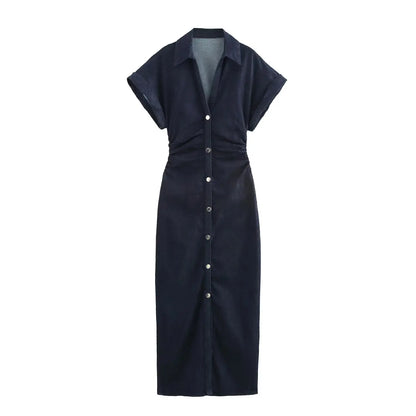 Robe Midi en Jean – Collection Printemps 1975 par ETJ 2025 – Col à Revers, Fermeture Éclair Latérale, Taille Froncée, Coupe Évasée Élégante