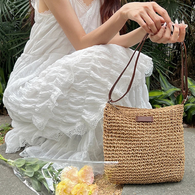 Sac de Plage Bohème en Paille pour Femme – Fait Main, Grande Capacité, Style Décontracté