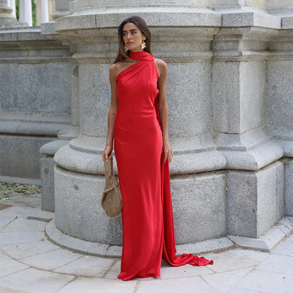 Robe Longue Élégante Femme – Unie avec Nœud, Dos Nu, Sans Manches, Épaules Dénudées – Style Halter, Coupe Cintrée – Nouvelle Collection Été 2025