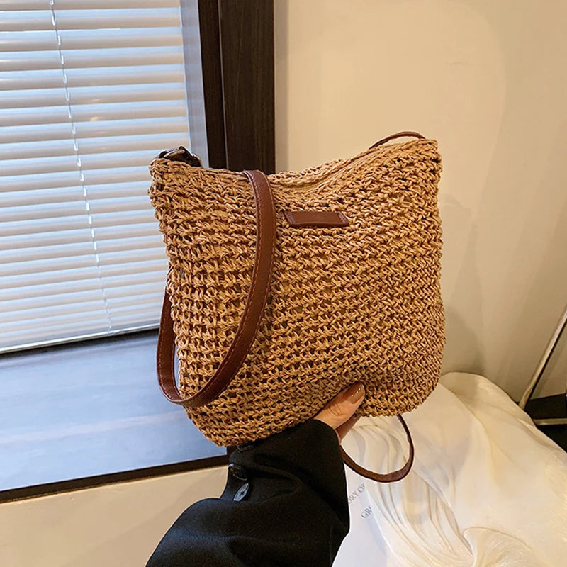 Sac de Plage Bohème en Paille pour Femme – Fait Main, Grande Capacité, Style Décontracté