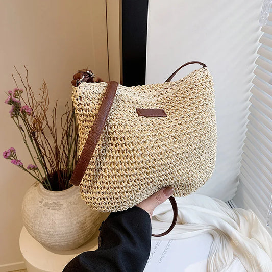 Sac de Plage Bohème en Paille pour Femme – Fait Main, Grande Capacité, Style Décontracté